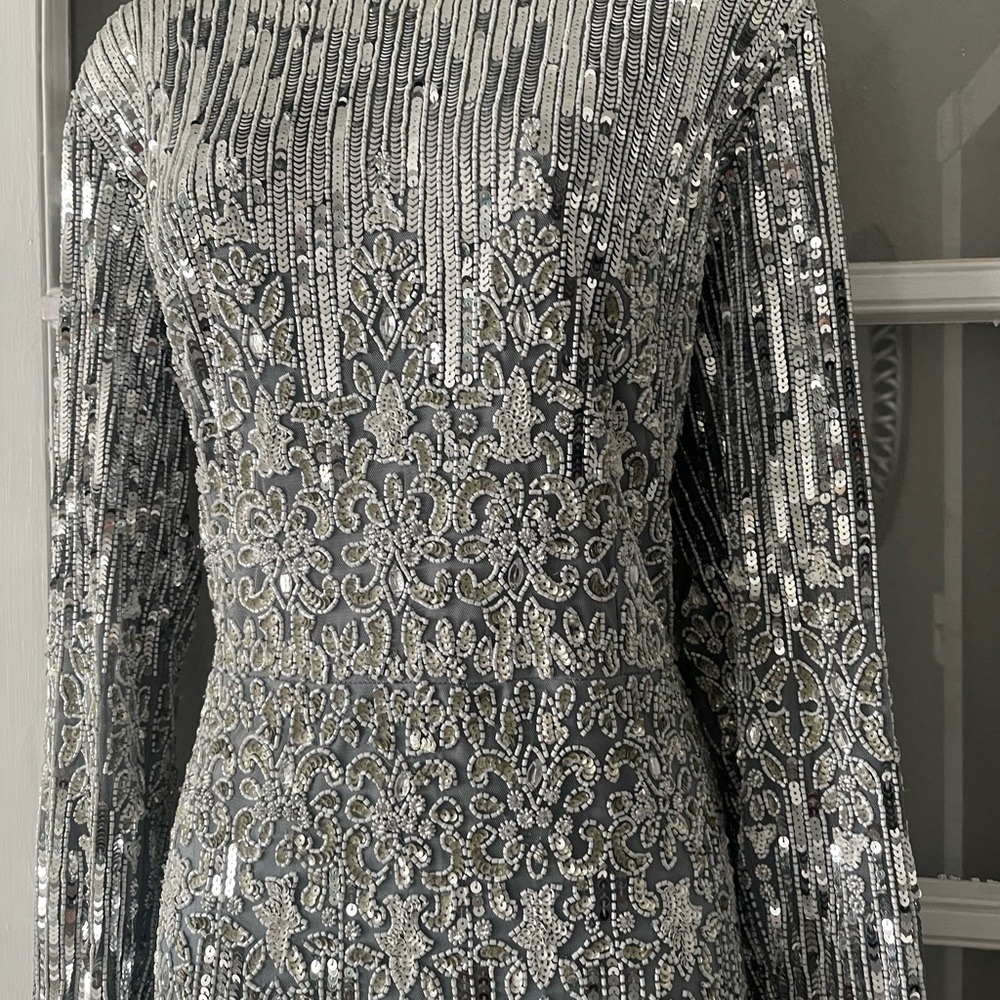 Mac Duggal Silver Long Sleeve Sequin Dress - Picture 10 of 14